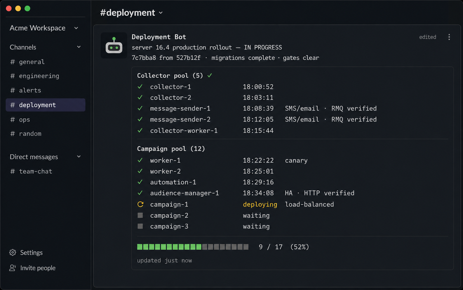A reconstructed deployment channel showing completed, active and waiting hosts with deployment times and a 17-host progress bar