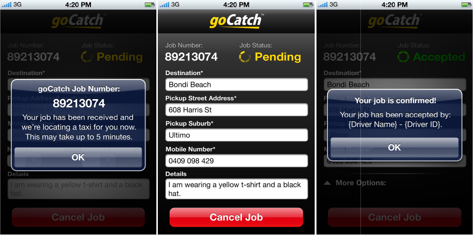 Original 2011 goCatch passenger iPhone flow showing a pending taxi request, booking details and an accepted job