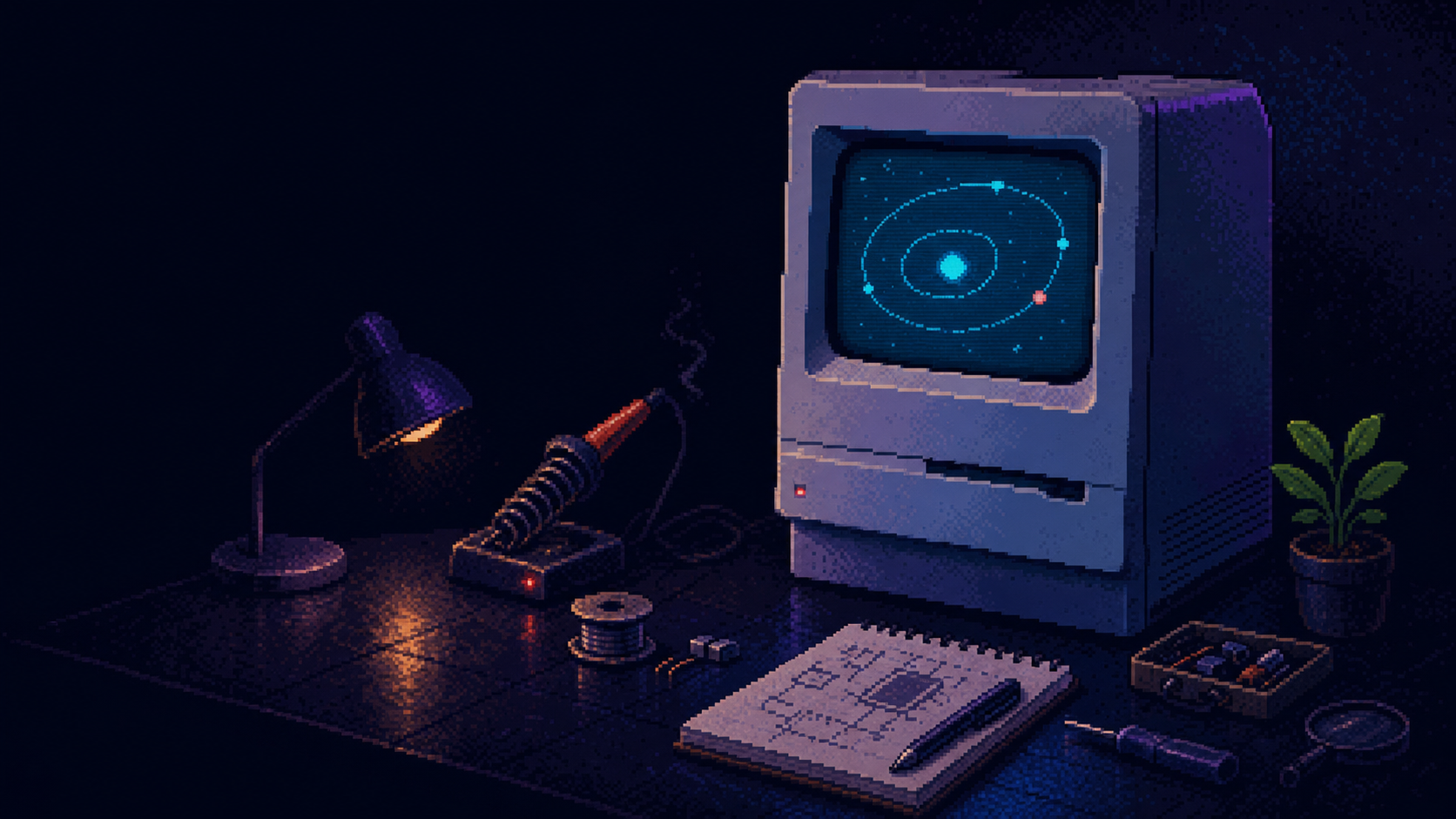 Lo-fi pixel art of a compact Macintosh on a repair desk with a glowing orbital signal on its screen